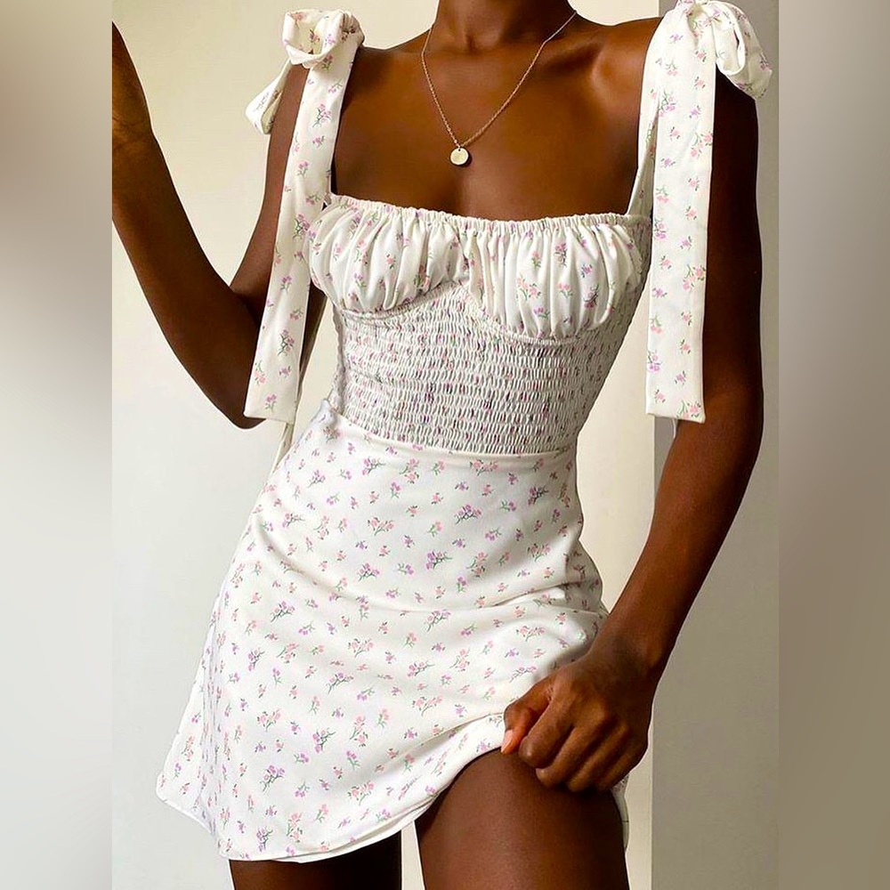 Floral Tie-Shoulder Smocked Mini Dress - White with Pink Floral